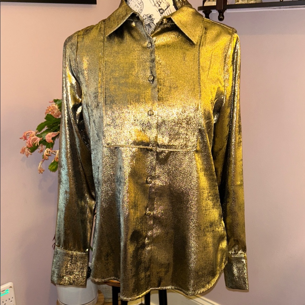 Size XS- Bronze Gold Tux inspired Button-Up Blouse